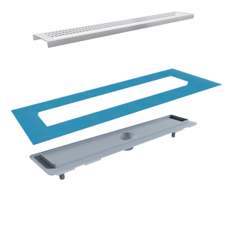 Indesiho Pro 50 cm ceramic compatible shower drain showing metal grate, blue waterproof seal, and drain base components