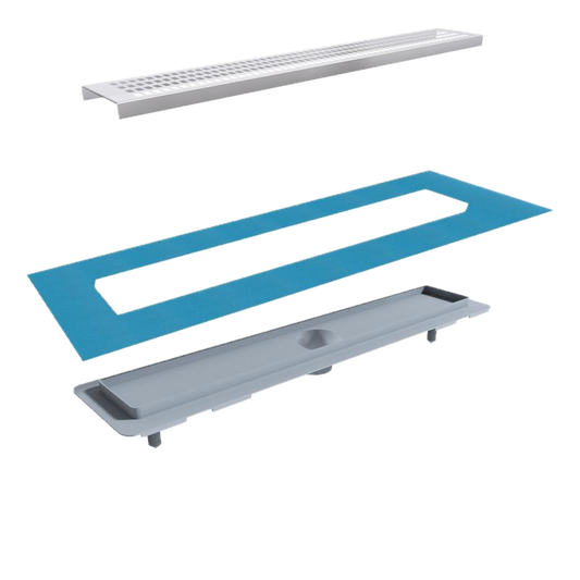 Indesiho Pro 50 cm ceramic compatible shower drain showing metal grate, blue waterproof seal, and drain base components