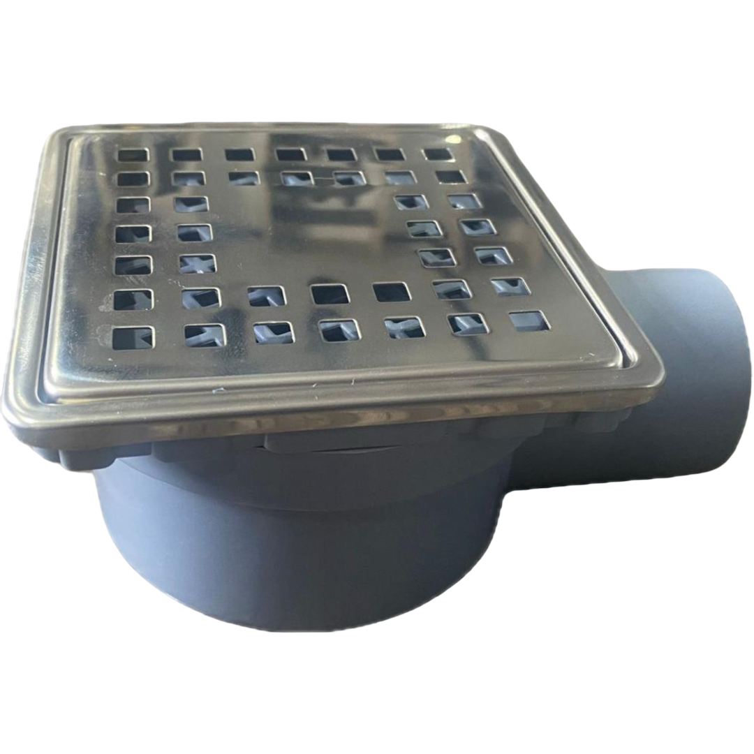Indesiho stainless steel floor drain 15x15cm with square perforated cover and white plastic base for bathroom use