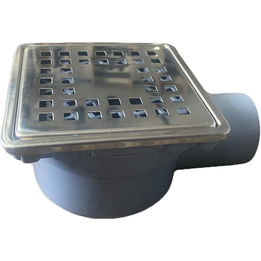 Indesiho stainless steel floor drain 15x15cm with square perforated cover and white plastic base for bathroom use